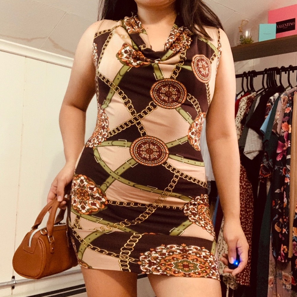 Fun Pattern Draping Neckline Mini Dress